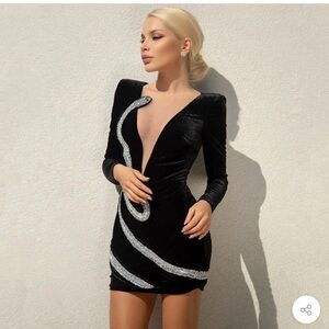 NWT Luxe Sparkly Crystal Snake Deep V-Neck Long Sleeve Mini Velvet Dress